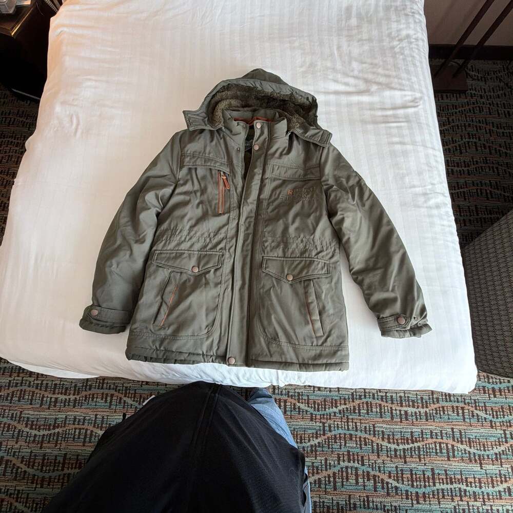 Rough Stock Hooded Winter Parka, Olive Green Utility Jacket - Men's XL